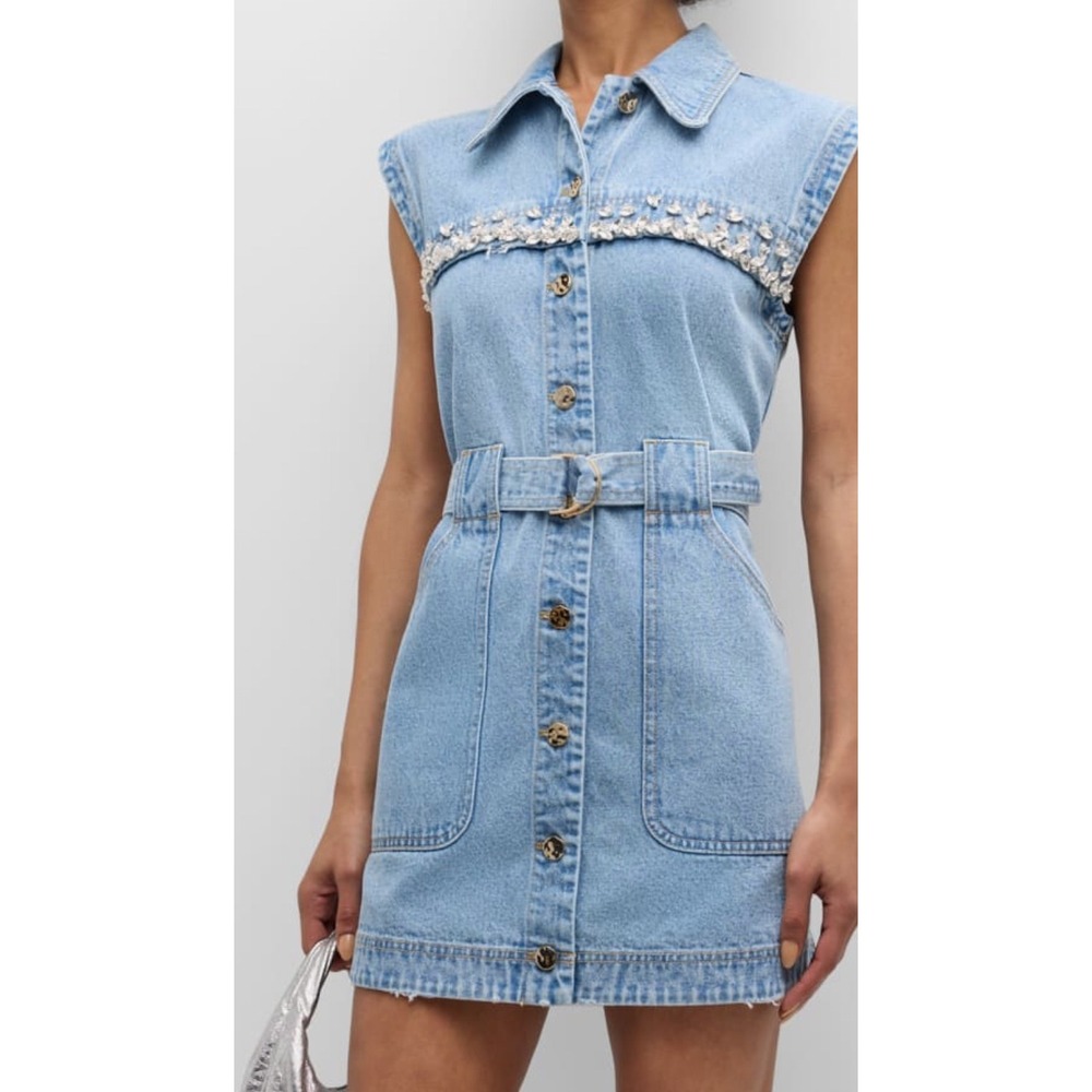 ACLER Sleeveless Denim Dress Embellished Belted Shirt Dress Mini - Picture 3 of 12